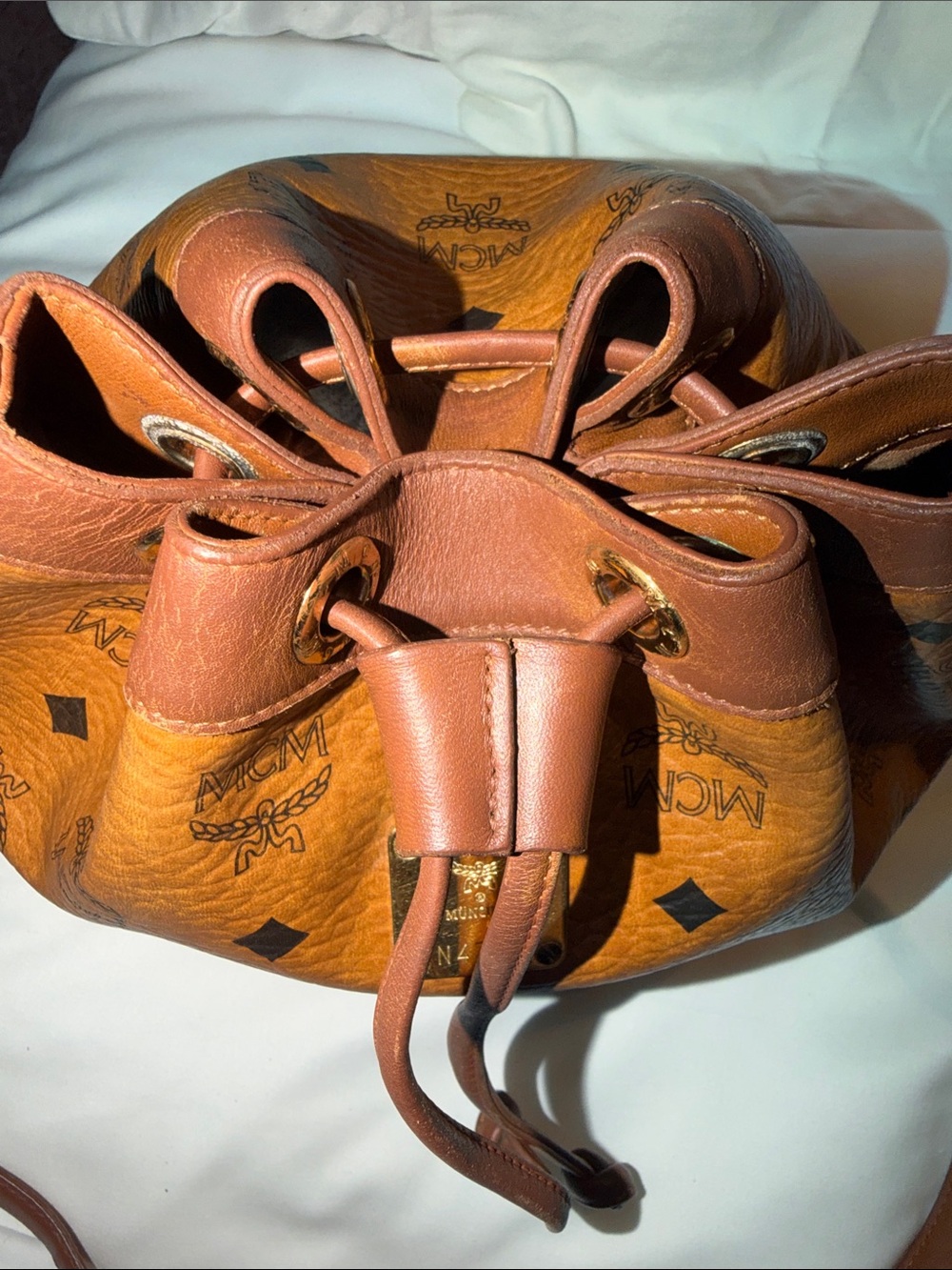 Vintage MCM Cognac Visetos Drawstring Bucket Bag w/ Dust Bag - Picture 9 of 11